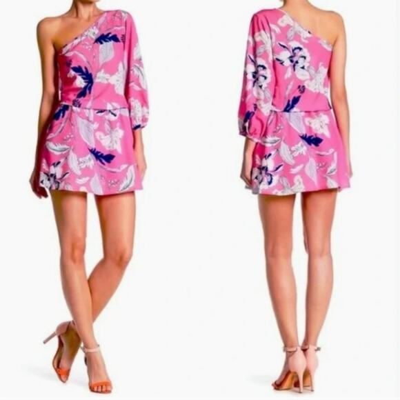 Anthropologie Yumi Kim NEW Pink Eastern Garden Floral One Shoulder Mini Dress L - Picture 12 of 14